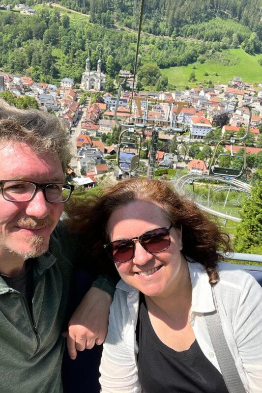 Cate and Aaron going up the lift in Todtnau 